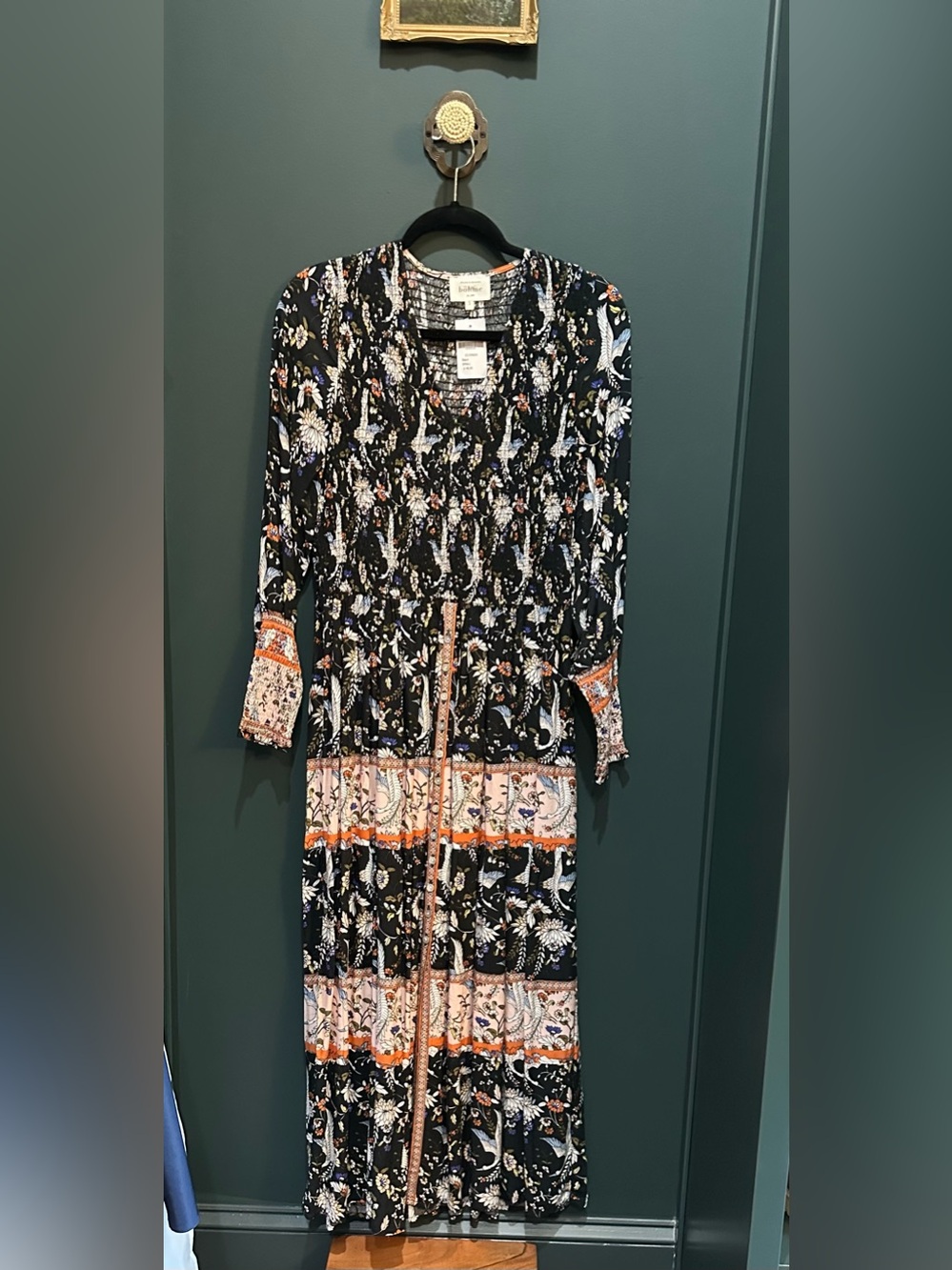 bohme Black Maxi Dress with Orange and Cream Floral Print